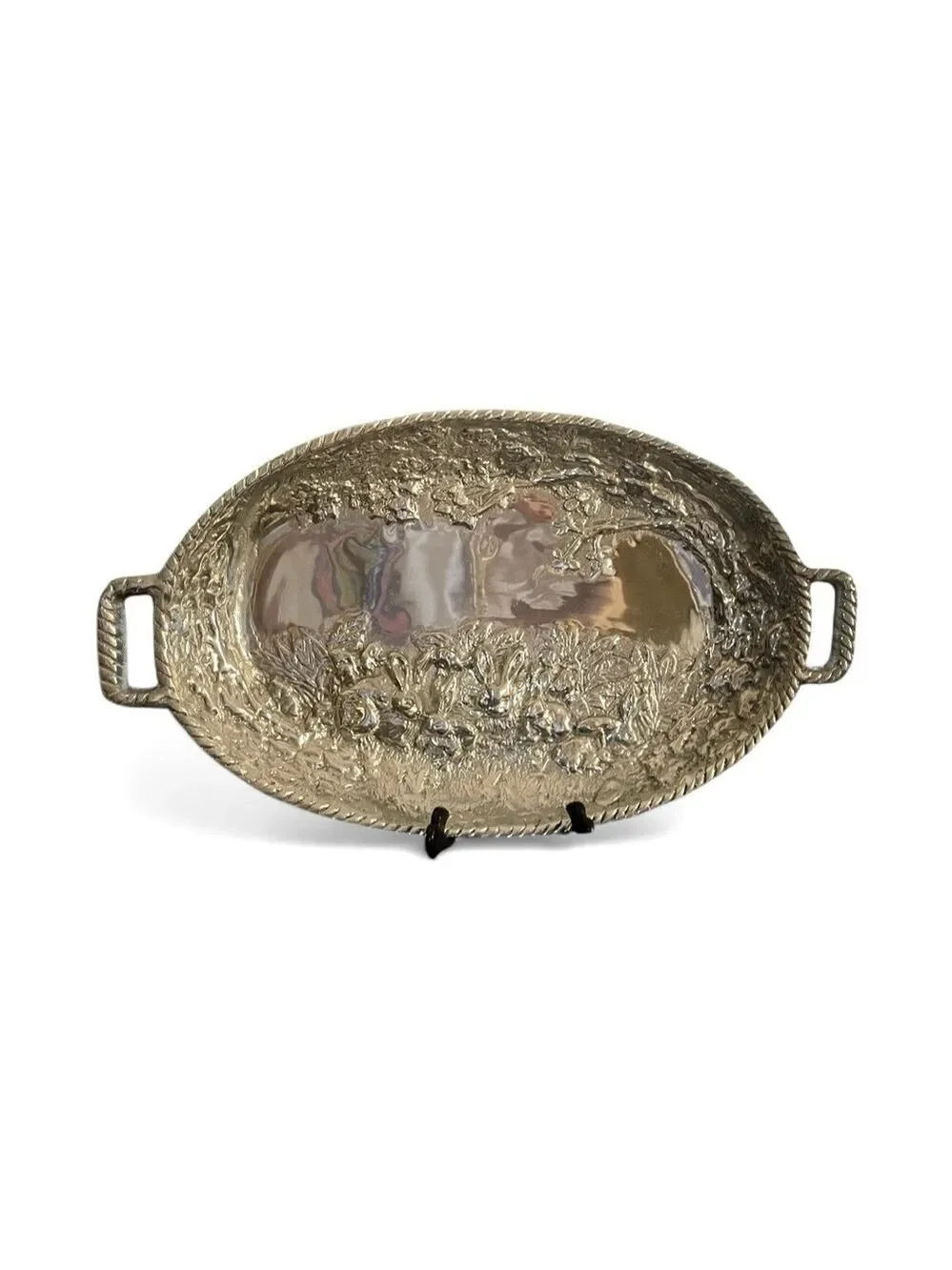 Sheridan Vintage Pewter Oval Serving Tray with Handles, Raised Rabbits Design.